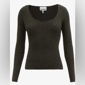 GANNI Mélange Stretch Knit Top - Dark Green Size X-Small
